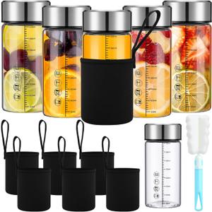 Vesici 6 Pack Wide Mouth Glass Juice Bottles Glass Water Bottles with Lids and Sleeve for Juicing Smoothies Milk Protein Infused Water Reusable Leakproof Borosilicate Bottle(12 oz)