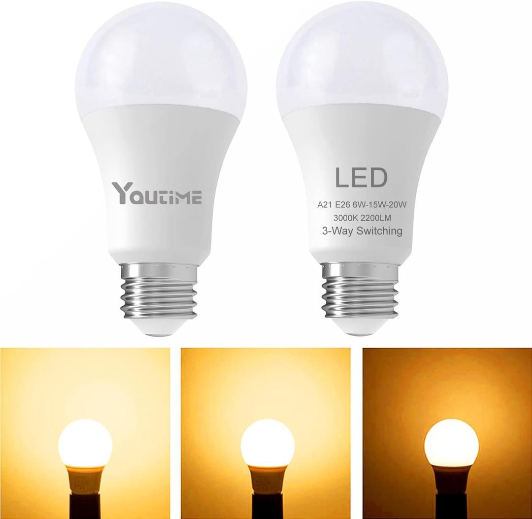 Youtime Soft White 3 Way led Light Bulbs 50 100 150 Watt Equivalent 3000k, Incandescent Replacement, A21 6/15/20w Energy Saving Safety Three Way Light Bulbs, 500 1600 2200 Lumens,2Pack