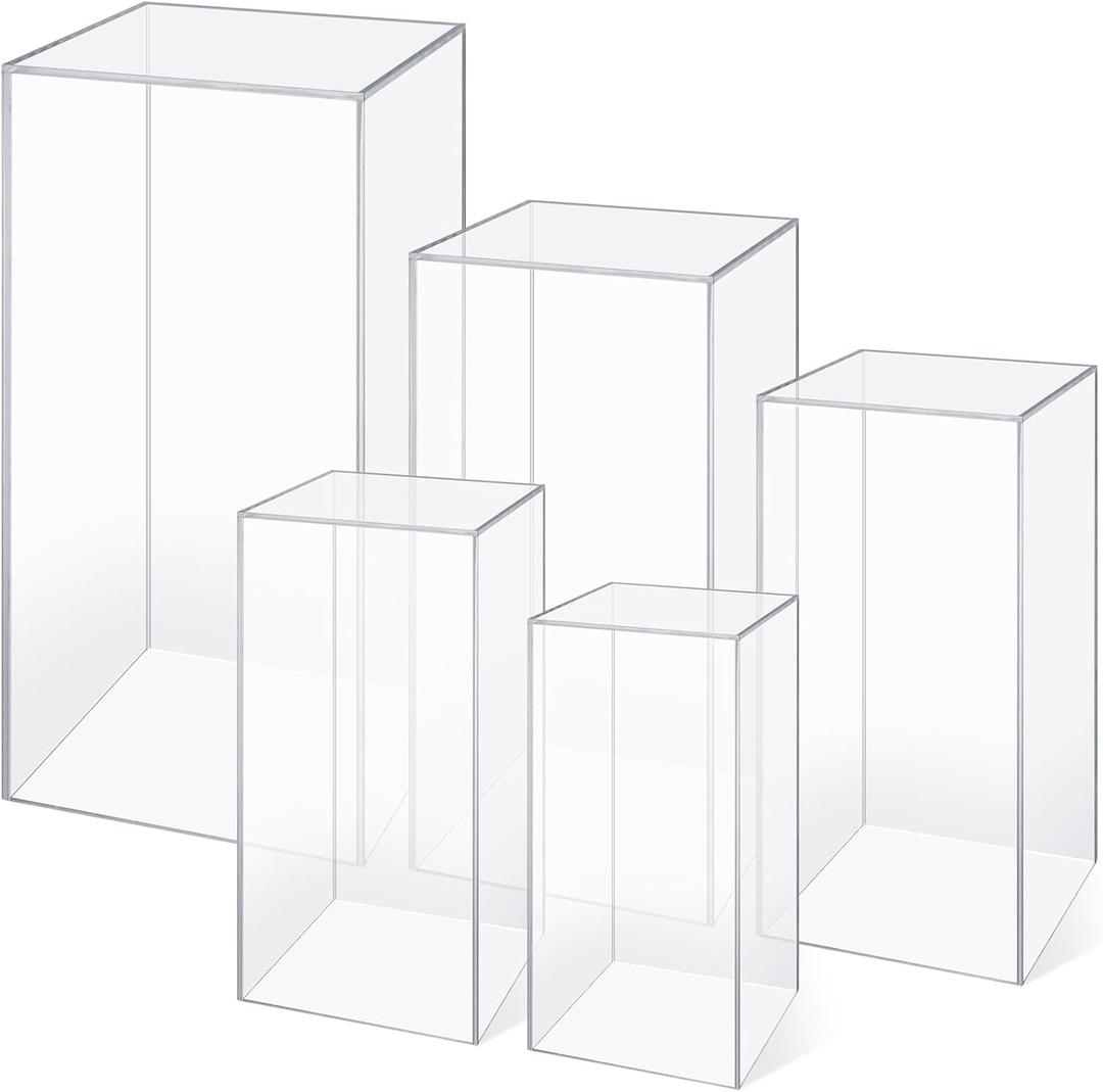 Geetery 5 Pcs Acrylic Clear Display Risers Pedestal Set for Wedding Decorations, Flowers, Jewelry, Collectibles, Cosmetics, Desserts, 5 Sizes