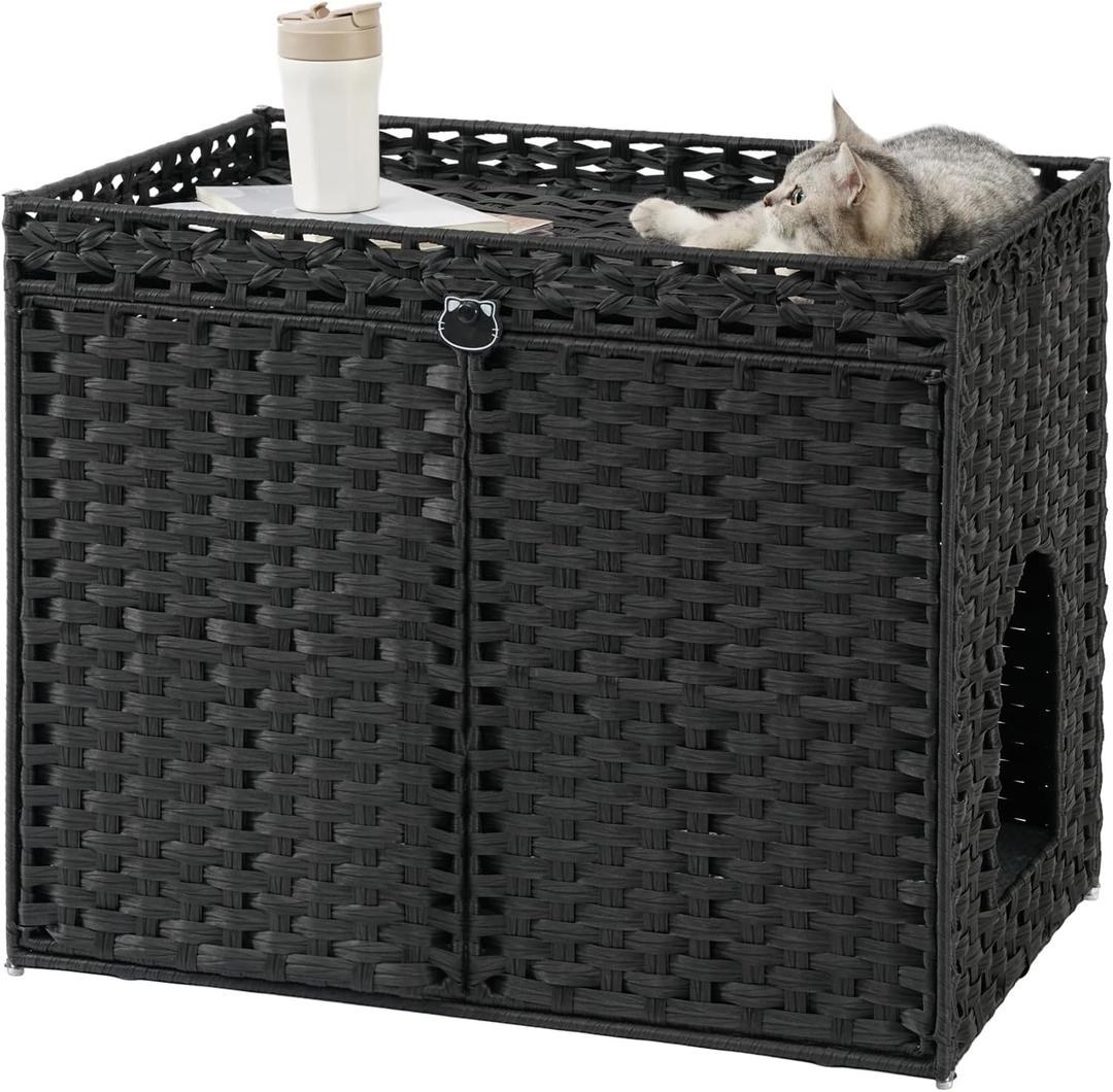 SETVSON Cat Litter Box Enclosure Furniture, Hidden Litter Box, Cat Litter Box Cabinet with 2 Litter Mats, Handwoven Rattan Large Space Cat House, Indoor for Living Room, Bedroom, Apartment Black