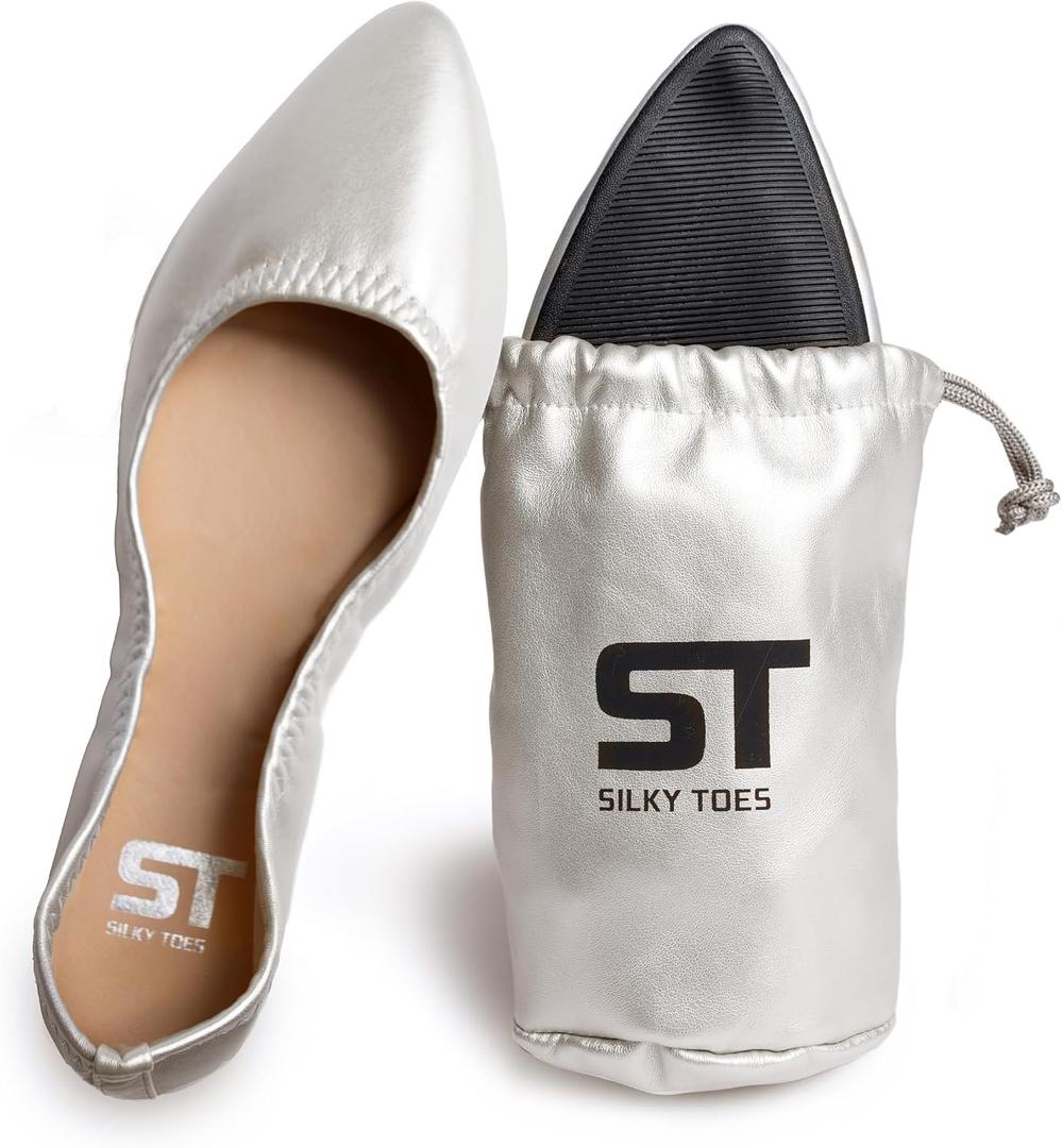 Silky Toes Womens Foldable Flat Ballet Shoes Casual Business Flats for Women, 8, Silver