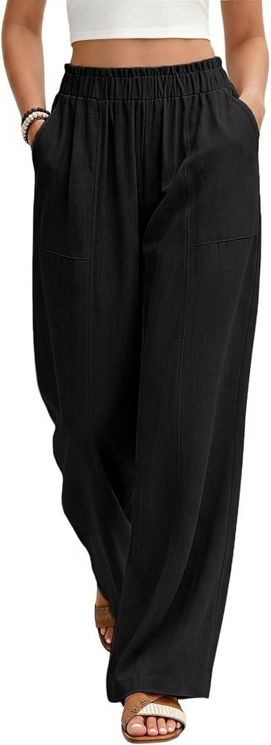 Linen Pants Women Summer Wide Leg Palazzo Pants Loose Slim High Waist Flowy Beach Boho Lounge Trouser Work Outfits 2026 (Black, L)