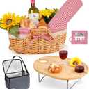 Picnic Basket for 2 with Table and Blanket Collapsible Cooler Bag Insulated Picnic Set for Beach Picnic Hamper Picnic Date Essentials for Outdoor Picnic Accessories Wedding Gift/Bridal Shower Gift (Red and White Lining)
