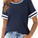 SHEWIN Women's Fashion Casual Crewneck Color Block T Shirts Short Sleeve Summer Tops Tees Slim Fit (XL)