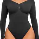 FeelinGirl Women's Long Sleeve Bodysuit for Tummy Control Seamless Body Suits Thong V Neck Going Out Tops (X-Large, Black)