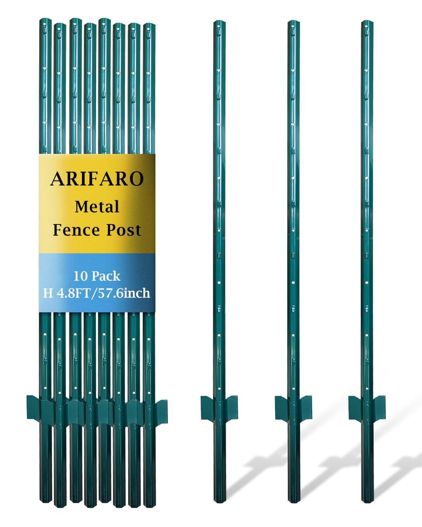 ARIFARO Fence Posts 4.8 Feet Sturdy Duty Metal Fence Post, Pack of 10, No Dig Garden U Post for Wire Fencing Steel Post for Yard, Outdoor Wire