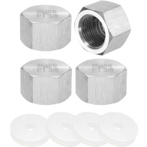 uxcell 4pcs Hex End Cap 304 Stainless Steel Nut with Washer, PT 3/8" Female Thread Pipe Fitting, Gas Line Water Line Stop Valve Cap Tubing Ends for Plumbing Fittings, Silver Tone