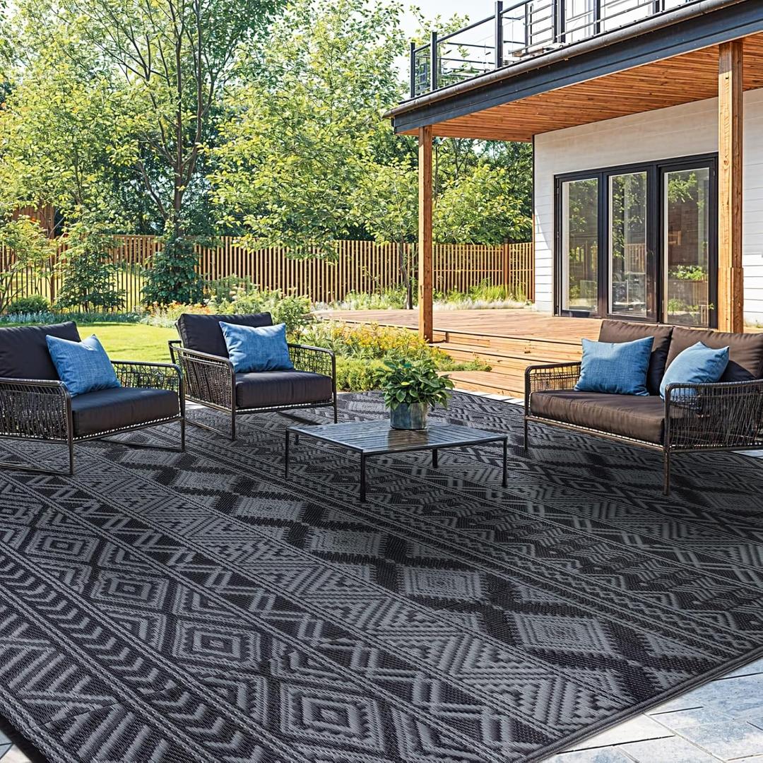 Waterproof Outdoor Rug 6x9 ft, Reversible Plastic Straw Patio Camping Rugs, Outdoor Indoor RV Mat Carpet for Patio, Outside Entry, Backyard, Deck, Bench, Picnic, Camper(6x9,Black&Gray)