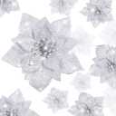 Boao 24 Pieces Glitter Poinsettia Artificial Christmas Flowers Poinsettia Decorations Wedding Christmas Tree Ornaments, 3/4/6 Inches (Silver)