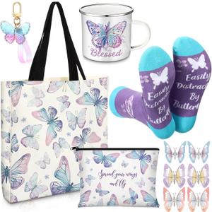 Butterfly Lover Gifts for Women Birthday Gifts Baskets Set Include Canvas Tote Bag, Makeup Bag, Socks, Keychain, Enamel Mug, Small Figurines for Mom, Wife, Sister, Friend