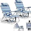 Portable Beach Chair for Adults Lightweight Outdoor Camping Chair Lay Flat Folding Backpack Beach Reclining Chair with 8 Positions Headrest Cup Holder Towel Bar Pouch, Blue Ocean Striped(2 Pack)