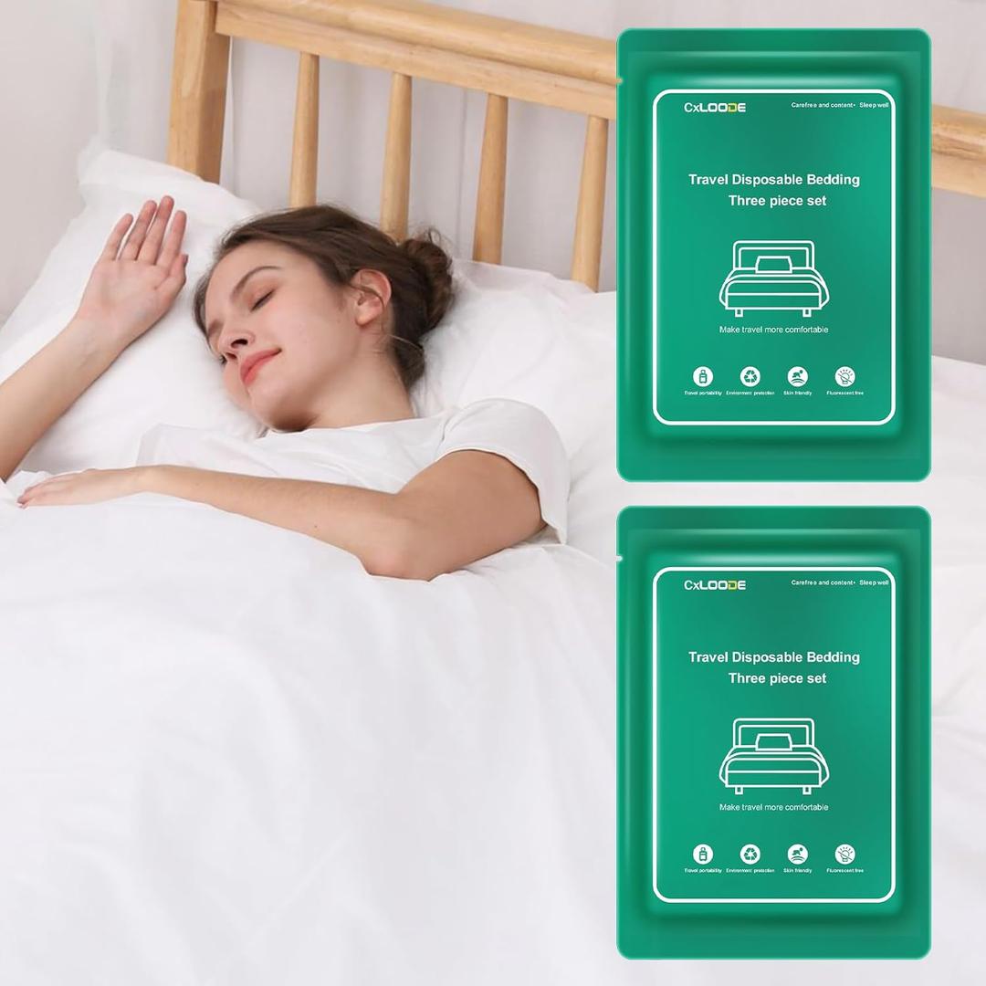 2 Pack Disposable Bed Sheets Twin Size  Portable Disposable Bed Sheet for Hotel Business Trip, Light Weight Breathable Disposable Bedding Set Travel Bedding Cover Bedspread Sheet and Pillowcase