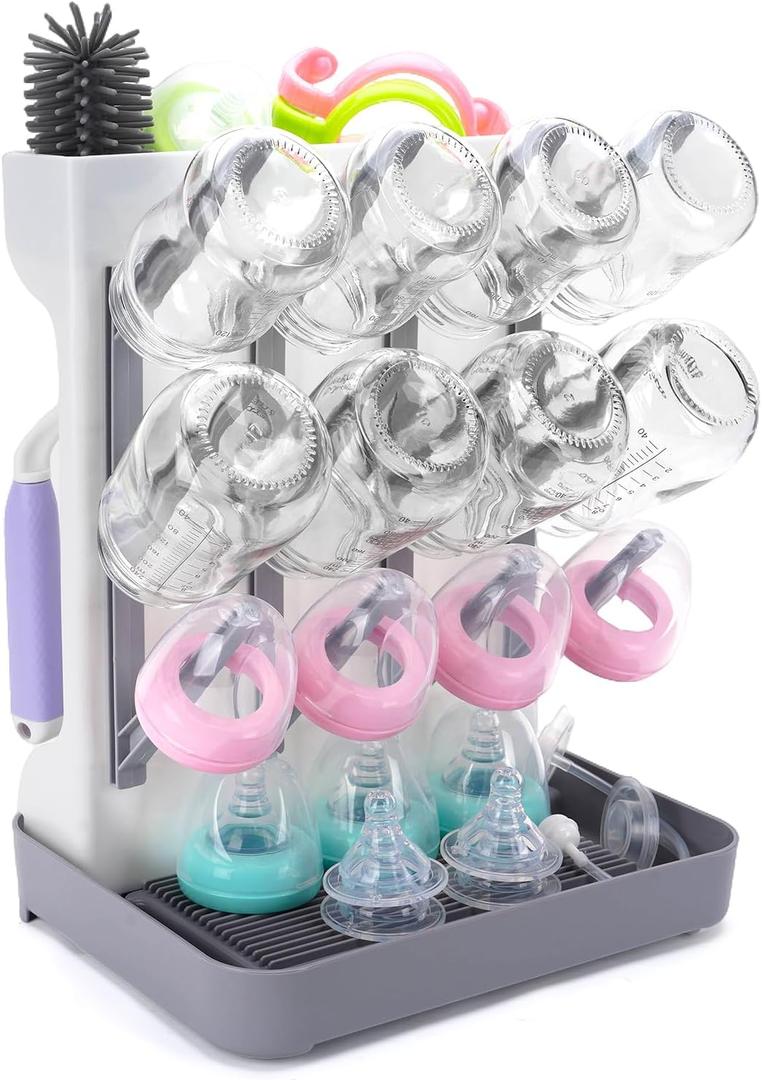 Baby Bottle Drying Rack: Space Saving Vertical Bottle Drying Holder with Brushes Holder - Large Bottle Storage Holder Organizer 12 Bottles & Baby Accessories, BPA-Free, Gray