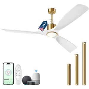 60 Inch Modern White and Gold Ceiling Fan with Lights, 3 Blade, Energy Efficient DC Motor, Smart App & Remote Control, 7230 CFM, 6 Speeds, 3 Light Colors, Indoor/Outdoor