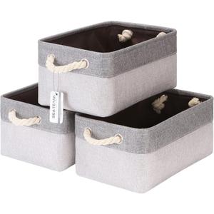 Sea Team 3-Pack Small Storage Basket Set, Storage Cube Organizer, Storage Bins, 12 x 8 x 5 Inches, Rectangle Canvas Fabric Collapsible Shelf Box with Handles for Kids Room (Ash Grey/Grey)
