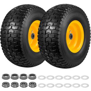 15x6.00-6 Flat Free Lawn Mower Tire and Wheel 2 Pack, with 3/4" Bearings & 5/8" and 1" Bushings, 3" Centered Hub, Compatible with John Deere Riding Mower, Lawn Tractor