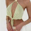 SHENHE Women's Sexy Open Back Tie Front Halter Neck Plunge Top Metal Backless Y2k Tank (S)