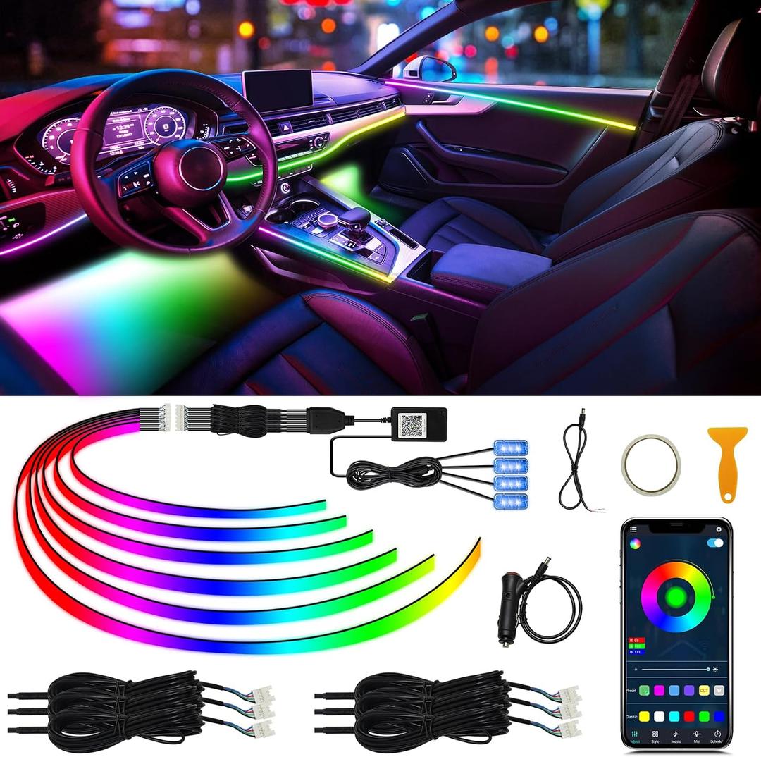 Acrylic Interior Car LED Strip Light with Wireless APP, Dreamcolor 10 in 1 with 175 inches 593 LEDs Fiber Optic Ambient Lighting Kits, 16 Million Colors Sound Active Function Car Neon Lights