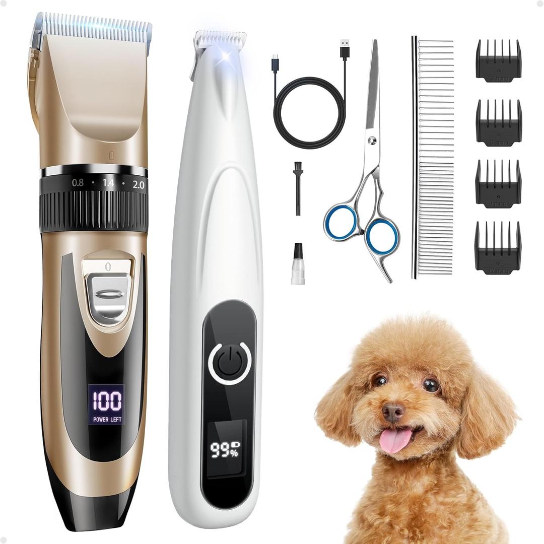 2 in 1 Dog Grooming Kit, Low Noise Rechargeable Dog Clippers for Grooming, Cordless Dog Grooming Clippers and Dog Paw Trimmer, Dog Shavers for Grooming Small Dogs Cats Animals (Gold)