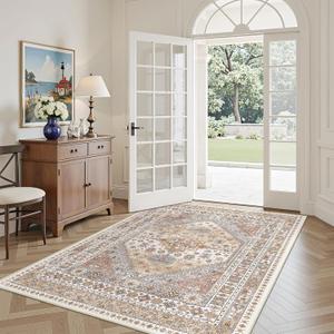 3x5 Washable Area Rug for Entryway, Kitchen Rugs Non Slip for Dining Room, Vintage Floral Soft Living Room Rug, Thin Area Rug Indoor for Bedroom, Kids Room Decor(Orange,3'x5')