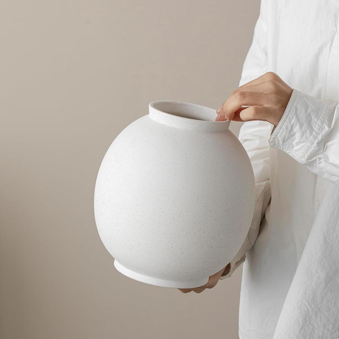 Minimalist White Ceramic Farmhouse Vase, Rustic Design for Home and Living Room Decor, Table, Bathroom, Holiday & Weddings (Ball-White)