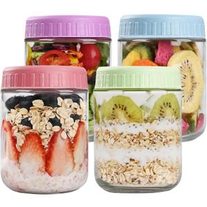 Overnight Oats Containers with Lids, 16oz Glass Jars with Lids 4 pcs, Candy, Wide Mouth Mason jars for Salad, Yogurt, Snacks, Meal Prep