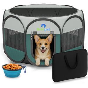 Playpen for Small Dogs Cats Crate: Puppy Play Pen Indoor Outdoor Foldable Potable Exercise Cage Pop up Kennel for Guinea Pig Rabbits Hamster Travel with Carrying Case & Food Bowl (Green, M, 1)