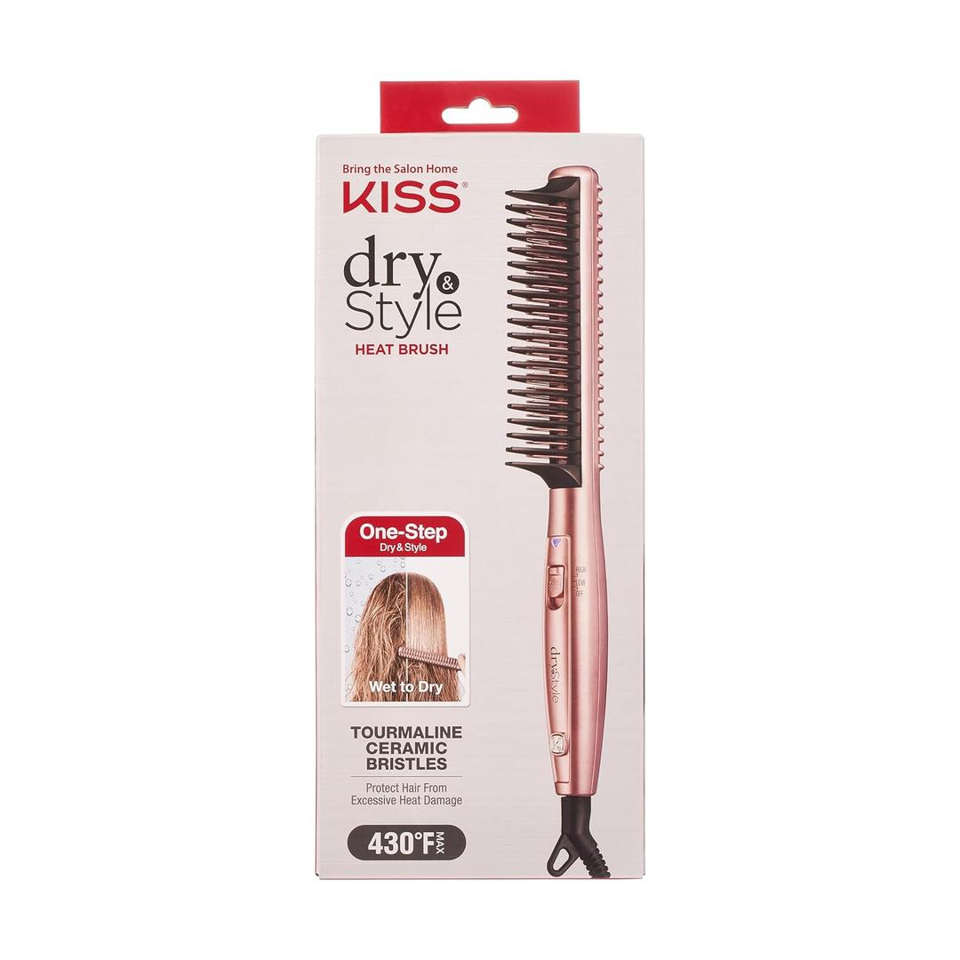 KISS Dry and Style Heat Brush, Wet to Dry Detangling and Volumizing Heat Comb, Tourmaline Ceramic Bristles, 2 Temperature Settings, Ultra Lightweight Handle, 360 Swivel Power Cord, 1.19 Lbs.