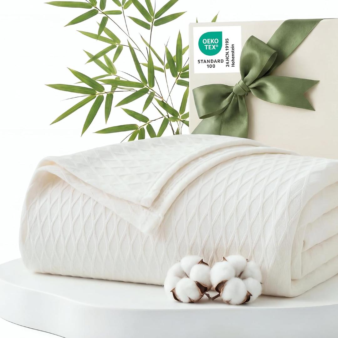 Bedsure Cooling Blanket of Rayon Derived from Bamboo - Lightweight Breathable Cotton Summer Blankets Queen Size for Hot Sleepers, Luxury Throws for Bed, Couch and Sofa, White, 90x90 Inches