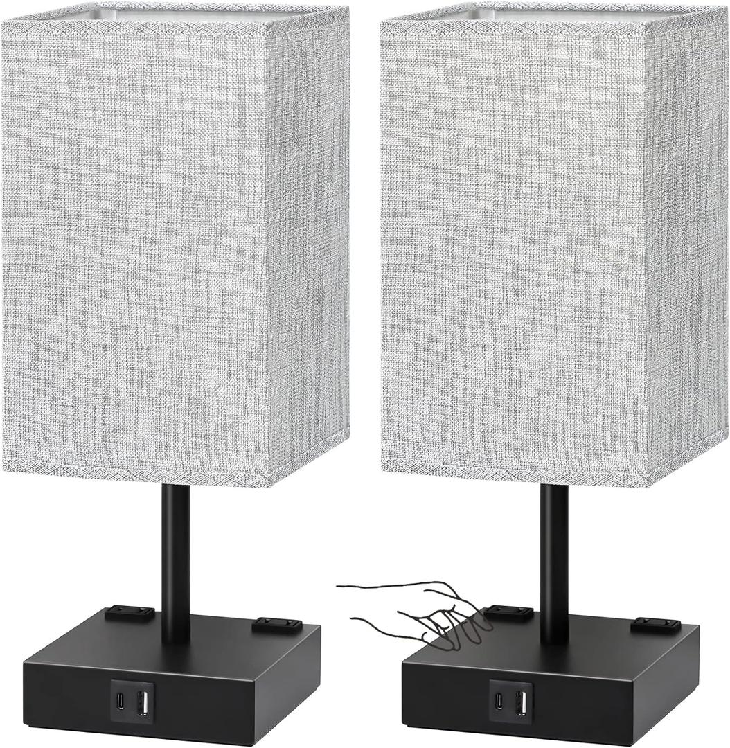 Bedside Table Lamps Set of 2 - Touch Nightstand Lamp for Bedroom with USB C+A Charging Ports & AC Outlets, 3-Way Dimmable Desk Lamp Grey Fabric Shade for Bedroom Living Room, Office(Bulb Included)
