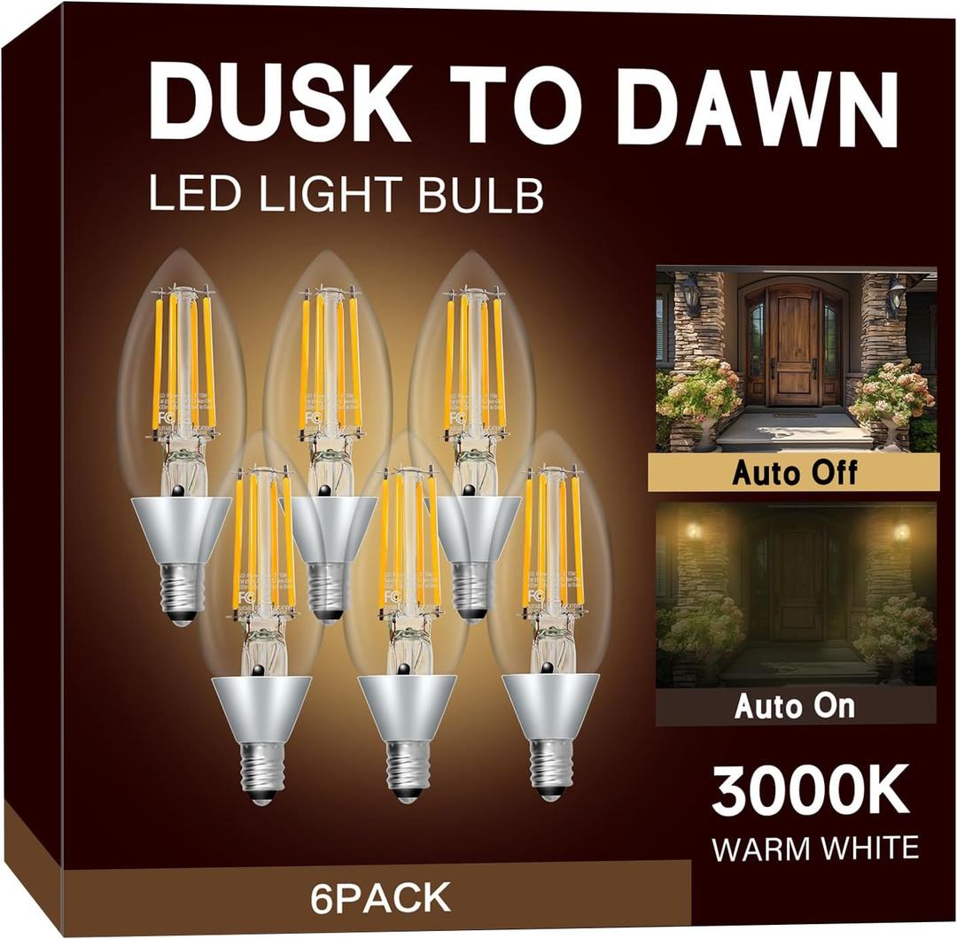 UNILAMP Dusk to Dawn LED Outdoor Light Bulb, Candelabra Light Bulbs Outdoor, 5W Equivalent 40W, 3000K Warm White, 500LM, Edison E12 Base B11, Photocell Sensor for Porch Sconces Patio Garage, 6 Pack