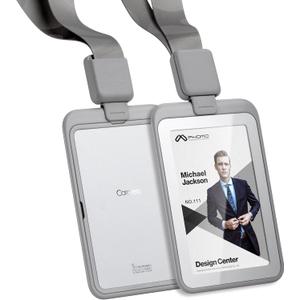 Phomo Self Retractable ID Badge Holders with Carabiner Reel Clip and Badge Lanyard, Heavy-Duty ID Card Holder for Neck, Vertical Style Transparent Hard Accessories Clear, (Holds 1 to 2 Cards) (Grey)