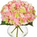 Hollyone Hydrangea Artificial Flowers with Glass Vase Pink-Green Silk Faux Flowers Arrangements in Vase with Faux Water Fake Floral Bulk Bouquet for Home Decor Table Centerpiece Decorations