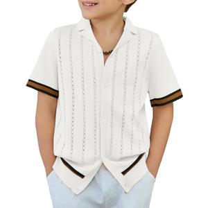 Arshiner Boys Knit Shirts Short Sleeve Button Down Shirt Vintage Fashion Casual Summer Beach Shirts for Kids 4-13 Years (9-10 Years, White)