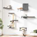 5-in-1 Cat Wall Shelves, Solid Wood & Velvet & Sisal Scratcher, 44lbs Max Load, Wall Mounted Cat Furniture for Climbers, Cat Climbing Wall System, Fits Drywall & Solid Walls - Light Gray