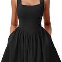 YMDUCH Women's Summer Sleeveless Square Neck A-line Ruffle Hem Mini Tank Dress with Pockets, Size XL