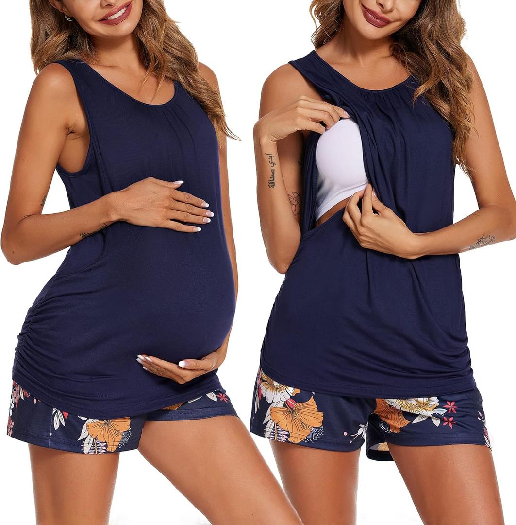 Ekouaer Going Home Outfit Mom Side Ruched Sleeveless Pjs Shorts Tops Set Maternity Nursing Pajamas Set Breastfeeding Wear Floral Navy Blue XL
