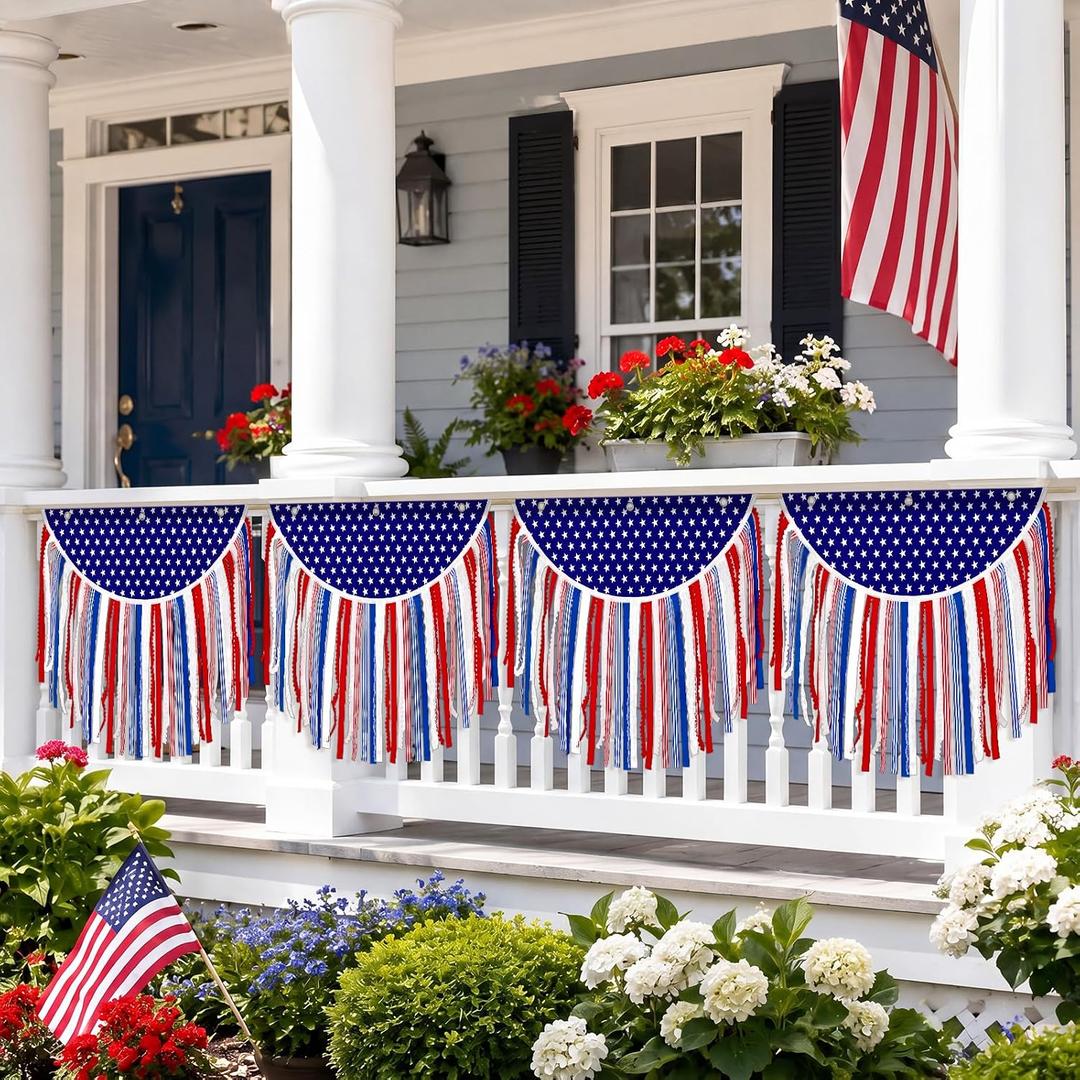 4 Pack Patriotic Rag Flags with Flagpole, 1.7x1.3ft 4th of July Decor Vintage American Flag Bunting Red White and Blue Ribbon Tassel Hanging Banner for Independence Day 250 Anniversary Decor