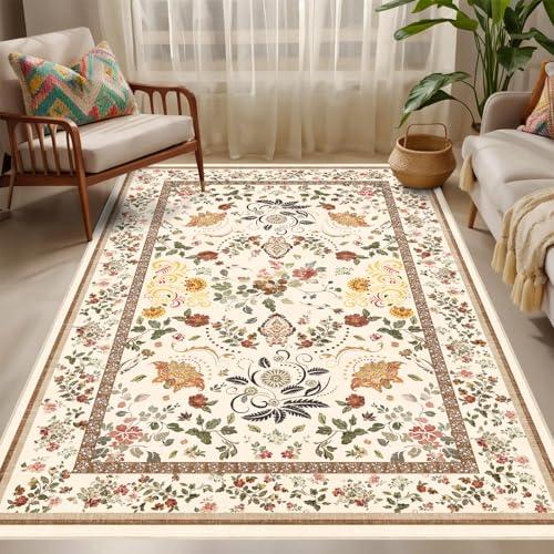 IWRJFQWR Washable Rugs 5x7 Vintage Floral Area Rug - Boho Floral Carpet for Living Room Bedroom Dining Room Kids Playroom Home Decor Non Slip Carpet - Brown