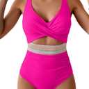 B2prity One Piece Swimsuit for Women Tummy Control V Neck Bathing Suit Color Block High Waisted Cutout Swimwear (Medium, Hot Pink)