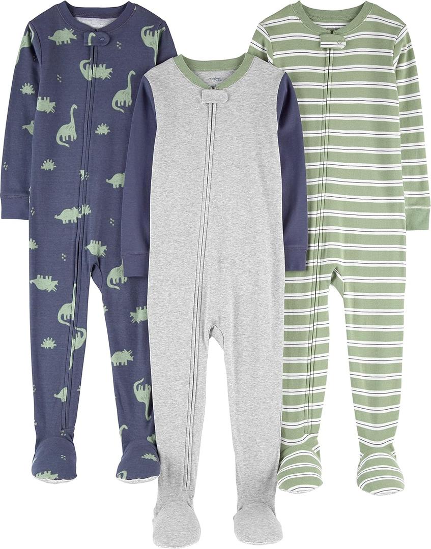 Simple Joys by Carter's baby-boys 3-pack Snug Fit Footed Cotton Pajamas (Green Stripe/Grey Heather/Indigo Wash Dinosaur)