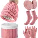 SATINIOR 5 Pcs Winter Hat Scarf Gloves Set Fleece Warm Lined Knit Beanie Hat Touch Screen Earmuff Gloves Warmer for Women(Pink,Rhombus Pattern)