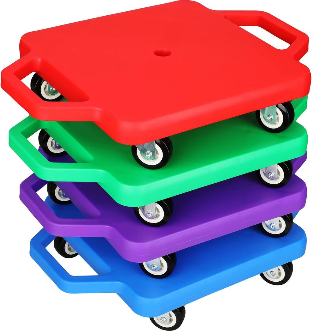 Jerify 4 Pieces Sports Scooter Board with Handles Plastic Casters Floor Sitting Scooter Boards for Kids Children Gym Indoor Outdoor Activities Play Equipment, 11.22 x 11.22 inch (Multi Colors)