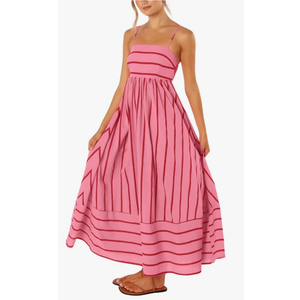 chouyatou Women's Striped Back Smocked Maxi Dress Sexy Spaghetti Strap Cut Out Flowy Swing Long Dress, size L
