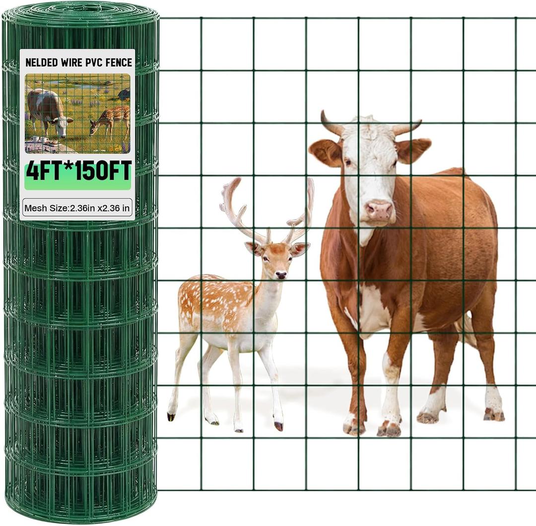 Gisafai 16 Gauge Galvanized Welded Wire Fence 4 ft x 150 ft PVC Coated Hardware Cloth, 2.36" x 2.36" Mesh, Heavy Duty Garden Fencing Roll for Yard Chicken Dog, Deer Cattle & Animal Protection(Green)
