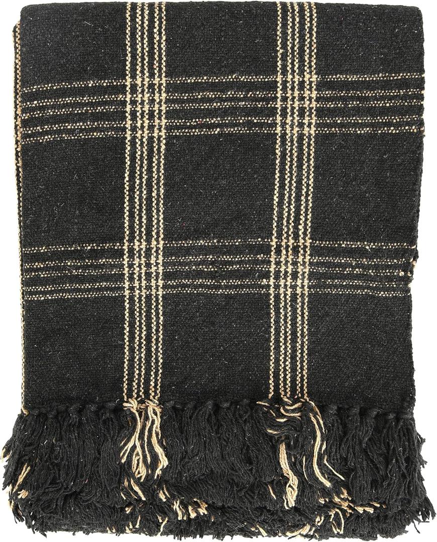 Plaid Black & Tan Fringed Woven Cotton Blend Throw, One Size