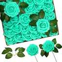 30Pcs Rose Artificial Flowers, Teal Foam Roses with Stems, Real Looking Fake Flower for DIY Wedding Bridal Bouquets, Bridal Shower, Arrangements Party Table Centerpieces Decor