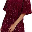 R.Vivimos Women's Sparkly Sequin Party Dress Fall Winter Short Sleeve Crew Neck Velvet Loose Elegant Backless Mini Dress (L, Wine Red)