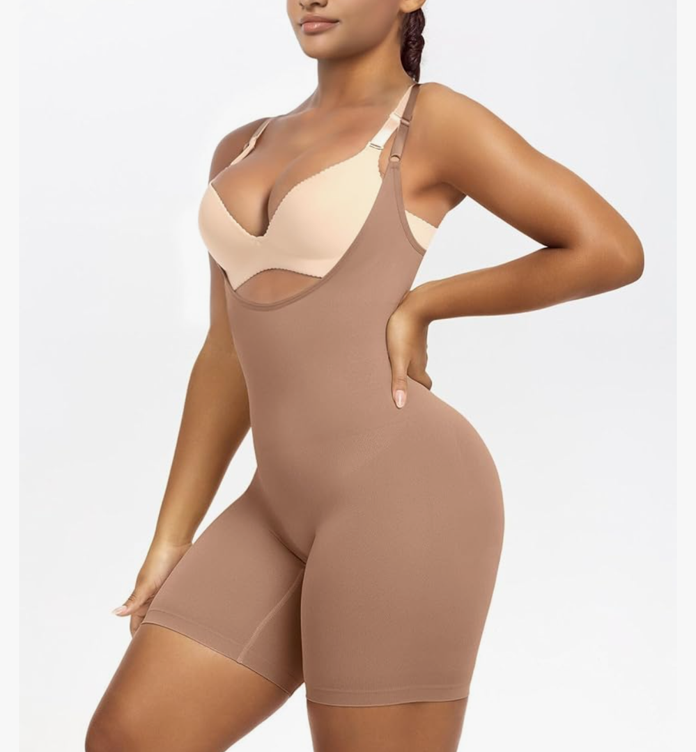 YIANNA Shapewear for Women Tummy Control Bodysuit Open Bust Mid Thigh Seamless Sculpting Body Shaper, Size M/L