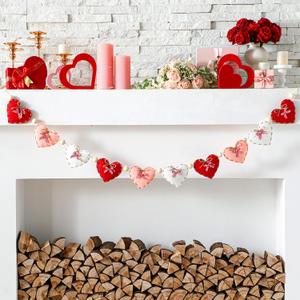 Cinnvoice 8.2 ft Pink Heart Valentines Garland Felt Bow Heart Banner Rustic Vintage Valentine's Day Red Wall Hanging Decor Garland for Anniversary Wedding Birthday Party Decorations